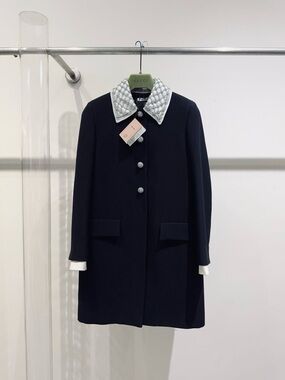 Authentic Miu Miu Navy Pea Coat with Quilted Silver Collar